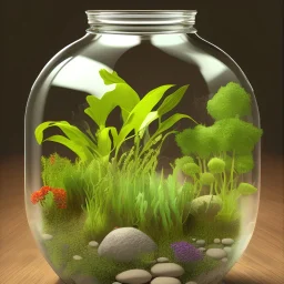 a glass jar terrarium filled with plants, highly detailed,