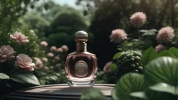 generate me an aesthetic complete image of Perfume Bottle in Botanical Garden