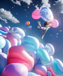 Ultra realistic speed clouds sky scene, wide angle view, sweet childs falling down, inflatable color clothing, free jumping flying, many trinkets, hair monster, many jelly beans, balls, color smoke, smile, happy, circus style, extreme, wind, clouds sea, 20,000 feet altitude, stratosphere, soft color, highly detailed, unreal engine 5, ray tracing, RTX, lumen lighting, ultra detail, volumetric lighting, 3d, finely drawn, high definition, high resolution.