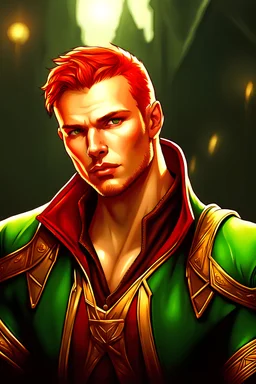 A Dark Fantasy illustration in the style of Magali Villeneuve. 26 years old caucasian male adventurer. Very pale complexion. Bright red short hair. Stuble. Bright green eyes. Full Lips. Large nose. Muscular body. He looks like Ryan Phillippe. Red and gold leather clothes.
