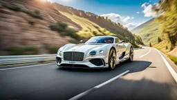 A sleek white shiny (((bentley regera))), its contours and details perfectly captured in a (((cinematic view))), zipping along a winding road under a beautiful blue sky