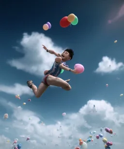 Ultra realistic speed clouds sky scene, wide angle view, strong men falling down with many Childs background, circus clothing style, feather color clothing, free jumping flying, many trinkets, hair monster, many jelly beans, balls, color smoke, smile, happy, extreme, wind, clouds sea, 20,000 feet altitude, stratosphere, soft color, highly detailed, unreal engine 5, ray tracing, RTX, lumen lighting, ultra detail, volumetric lighting, 3d, finely drawn, high definition, high resolution.