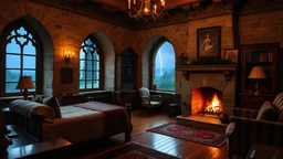 A beautiful and cozy Bedroom in a luxury English Cottage, decorated with Oak wood furniture and rich tapestries. In the center of the room, a stone fireplace casts a warm glow, with flames gently dancing as the fire crackles. Through the arched windows, you can see the rain lashing outside, with lightning illuminating the night sky in the distance. The castle's stone walls and polished wooden floor add a sense of solidity and shelter, creating a serene and peaceful atmosphere. The firelight