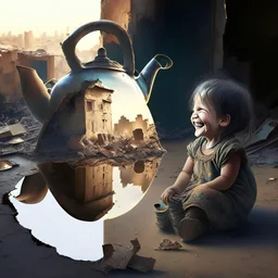 A teapot is shining and a laughing child is looking at it. The child’s image is reflected inside the teapot and behind the child is the reflection of a destroyed city.