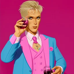 The pink panter in in a pink suit, glam style and a glass of red wine in his hand, pink background too