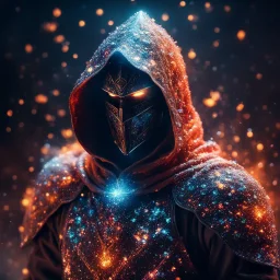 hooded marble knight covered with glowing crystals, fire particles in air, bright colors, glowing sparkle particles, dark tone, sharp focus, high contrast, 8k, incredible depth, depth of field, dramatic lighting, beautifully intricate details, clean environment, epic dynamic scene