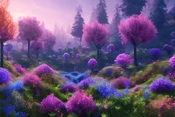 monde en fleurs bleu pink fuksia, concept art, crépuscule , trees bleu pink violet oranger, vibrant Color, réaliste