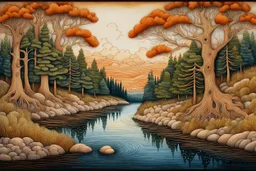mixed-media picture of a river and trees, created in the style of Bohdan Pylypiv — combining pyrography with delicate watercolor accents. The main outlines and facial features are rendered with fine woodburned lines. Modifiers: highly detailed digital painting elegant masterpiece crisp quality Jacek Yerka dramatic colors highly detailed textures highly detailed highly detailed highly detailed elegant digital painting Crisp and clean digital painting highly detailed Jacek Yerka highly detailed hi