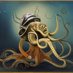 Deep sea diver sitting on a large octopus