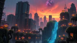A rain-soaked, intricate biopunk wasteland at twilight, showcasing dilapidated skyscrapers overgrown with bioluminescent fungi, hyperrealistic staircase disappearing into a nebula.