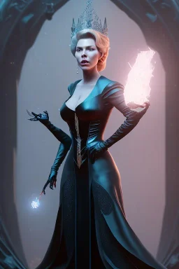 Hannah Waddingham as evil queen in black leather gown standing next to a tiny man, busty, cleavage, voluptous, rebecca Welton, angry, stern look. character design by cory loftis, fenghua zhong, ryohei hase, ismail inceoglu and ruan jia. unreal engine 5, artistic lighting, highly detailed, photorealistic, fantasy