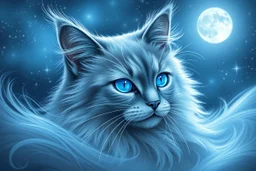 create a silver-blue Siamese or Persian cat with flowing fur in soft grey and white tones, bright blue eyes shining under moonlight, celestial background with stars and light glows, magical yet realistic appearance --ar 3:2 --v 7 --style raw