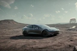 A Tesla 'Model Y' is drifting at high speeds, at the lunar landing site of the 'Apollo 11'. (CINEMATIC, WIDE ANGLE LENS, PHOTO REAL)