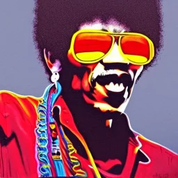 a realistic portrait of Jimi Hendrix at a turntable with headphones on being a DJ, vivid color, with sunglasses