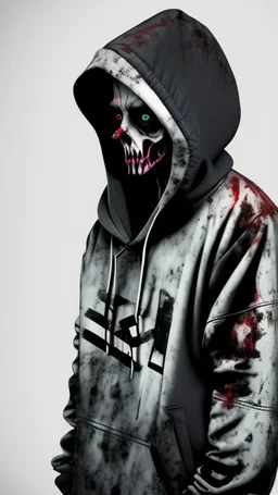 Create an ultra-wide photo of a decrepit zombie wearing an Adidas coat and hood, set against an abstract background. The overall style of the image should be a minimalist fashion with an Artgem twist. The zombie should be rendered in a decrepit and cadaveric style, with a focus on creating a sense of horror and decay. The Adidas coat and hood should be rendered in high detail, with a focus on capturing the texture and style of the clothing. The background of the image should be an abstract desig