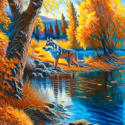 Oil painting of a wolf hyper-detailed hyper-realistic Renaissance art trees river complementary colors autumn 4k