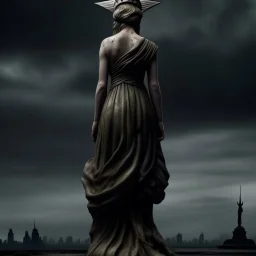 the statue of liberty, dress dirty and torn, her face solemn and terse, trash littered at her feet, she holds a crumpled american flag, she walks away, back to the viewer, under a dark and dreary sky