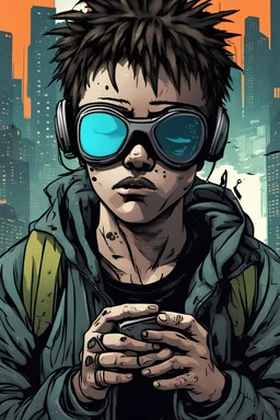 young boy, cyberpunk, comic book art style, VR glasses,, sad, drugs, homeless,punk,