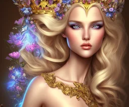 divinita donna meravigliosa occhi chiari e capelli biondi, con corona oro e blu vestita di fiori e veli trasparenti, glitter