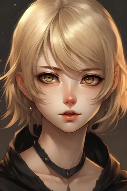 Realistic anime sakimichan art style. A tall eye-catchingly dressed blonde-haired girl. Her left nostril is pierced with a thick silver stud. She has gold-beige skin and light brown eyes, and her short blonde hair. Her eyes are marked with black eyeliner and matte black eyeshadow. She is wearing a form-fitting very loose clothing artifacts.