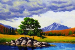 Clouds, mountains, tree, rocks, grass, lake, lake reflections, distant mountains, distant trees, impressionism painting