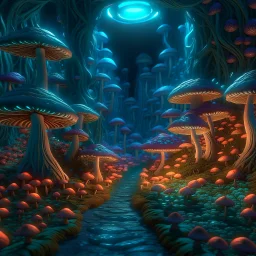 small space pod inside psychedelic mushroom grove, 8k, down-light, soft light, depth of field, photo realism, trending on art station, high detail