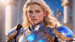 Masterpiece, A Cosmic knight, strong, firm, noble, beautiful, blue eyes , blond hair, bright sunday time, 8k, 4k, Unreal, highly détaillée, intricate, high quality
