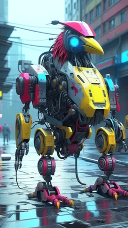 CHICKEN robot, sci-fi, cyberpunk, full body, ultra realistic, virtual reality, cyberpunk city and colors