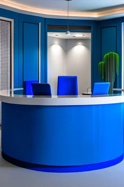 A circular blue reception desk with three chairs