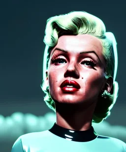 Ultra Realistic retro sci-fi 1960 scene, waist up view portrait, blonde woman, sweet young Marilyn Monroe face, perfect iris, tight latex coat, Strange planet background, Retro sci-fi style glass helmet, fog, rain, soft color, highly detailed, unreal engine 5, ray tracing, RTX, lumen lighting, ultra detail, volumetric lighting, 3d, finely drawn, high definition, high resolution.