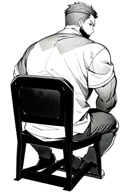 male character sitting on a plastic chair seen from behind, line arts, greyscale