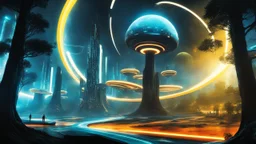 tron legacy movie, matrix universe, creatures,, space ships, city of the future, trees , forest, yellow, blue, red, orange, realistic, , space, planets, god creations