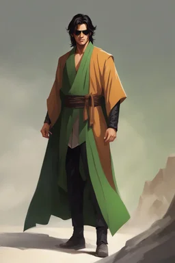 Full Body, Male Tan Human, Sith, Blindfold, Green and Black Robes, Handsome face, Black hair.