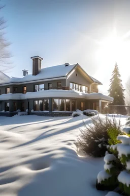 Eine große moderne Villa mit einem Weitläufigen Garten. Alles ist in dicken Schnee gehüllt und der Schnee glitzert in der Morgensonne. Fantasy Stil