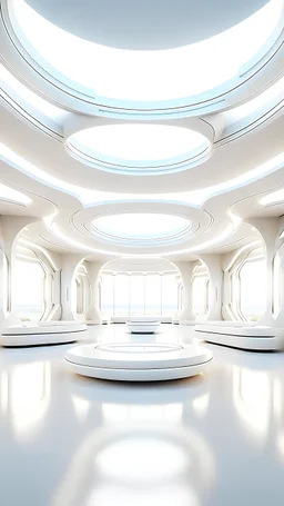 futuristic white room with large organic shaped beams and columns with organic shaped embellishments and wood details surrounding the empty room. the flooring is flat but has organic shaped details, There's a platform in the middle of the room. the lighting is bright white and the atmosphere is sci-fi