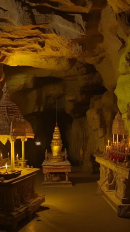 An amazing temple with a great religious golden status all around in un underground cave with dim lights
