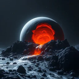 a rocky planet surrounded by distant stars in a vast universe with molten jagged rocks and pebbles mixed with dust on a cooled mantle with several volcanoes shrouded in darkness with water flowing out of mantle