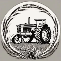 a circular frame made of spiraling wheat, a tractor at the center, black on white vector