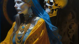 70s, woman wearing colorful Death day face paint., painting by Donato Giancola and John Bauer and Vermeer, embroidered velvet, iridescent beetles, rich color, ornate headdress, flowing robes, lost runes, ancient civilizations,featured on Artstation, cgisociety, unreal engine, navy blue, white and bold yellow color scheme, splitlight effect, profesional photography, hard shadows, high contrast, style photography, analog style, vintage colors, xprocess