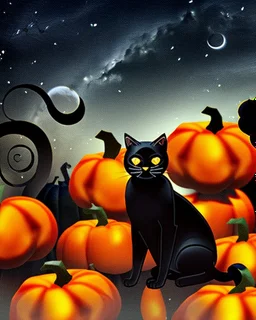 black cat on Halloween dancing with pumpkins in the photo of the starry sky