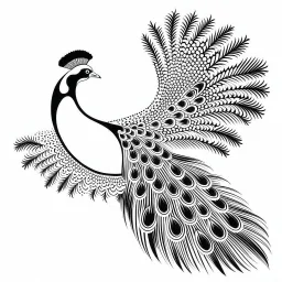 white, A peacock in flight, emphasizing its wingspan.., vector, white background, outline, with images neatly contained within the background, just black and white color, full body, no color.