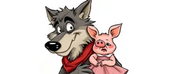 sly wolf smiling carrying a lovely scared wtf are you up to, pig girl with dress under his arms , stupid cartoon, airbrush and pen outline