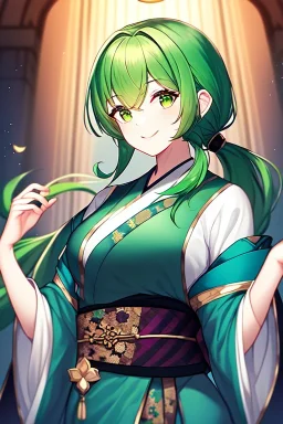 girl, masterpiece, best quality, cinematic lighting, detailed outfit, vibrant colors, perfect eyes, long hair, green hair, green eyes, obi, low ponytail, smile,