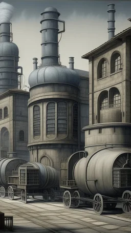 A gray factory with mechanical tanks designed in African masks painted by Caspar David Friedrich