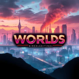 create a nice cool logo background for my account the image must show Worlds Non Existed and Reality and Reimagined , future modern city and future modern industry ,vibrant metallic colors .1:1 ratio. no text display