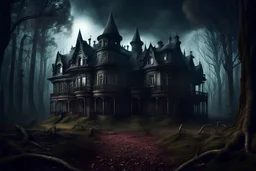 realistic scene surrealis horror mansion in the forest, cinematic, dramatic lighting