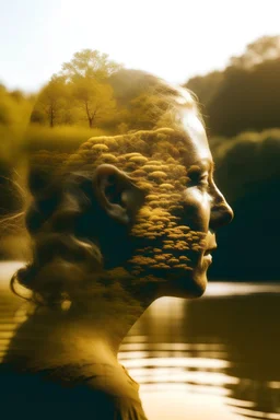 fotografía en doble exposición de un dorado y un perfil de rio