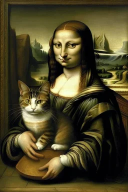 Painting of a cat carrying the Mona Lisa by Leonardo da Vinci