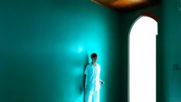 Surreal, digitally manipulated image featuring a narrow, dimly lit corridor with textured, blue-green walls and a wooden ceiling. The layout includes an arched doorway on the right side, through which a young person with light skin and short hair is partially visible, holding a small object. The person is wearing a white shirt and appears to be looking into the corridor. The lighting creates a mysterious and ethereal atmosphere, with shadows and light playing across the surfaces. There is a sign