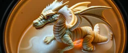 The image depicts a fantastical duck mummy snow soup, specifically a dragon with neon flash aura, with a unique and whimsical appearance. The dragon is positioned in a circular frame, which suggests it might be inside a container or a vessel. The dragon's body is elongated and has a segmented appearance, with a detailed texture that gives it a realistic look. Its head is covered with white, spiky hair, adding to its fantastical charm. The dragon's wings are large and spread out